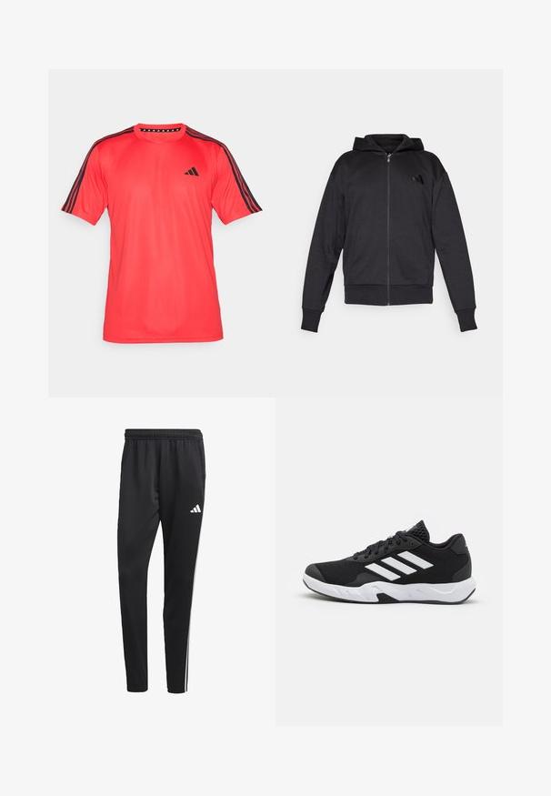 Mustat vetoketjuhupparit, joissa on pitkät hihat, etutaskut, ribbauskankaiset hihansuut ja helma, sekä pieni logo vasemmassa rinnassa.; adidas Performance TRAIN ESSENTIALS BASE 3-STRIPES - Tekninen t-paita - pure ruby/black; Mustat urheiluhousut, joissa on joustava vyötärö, valkoiset sivuraidat ja pieni valkoinen logo reidessä. Valmistettu sileästä, kevyestä materiaalista.; Mustat urheilukengät, joissa on teksturoitu verkkomateriaali yläosassa, valkoiset korostusraidat, pehmustettu pohja ja vahvistettu kanta tuen vuoksi.
