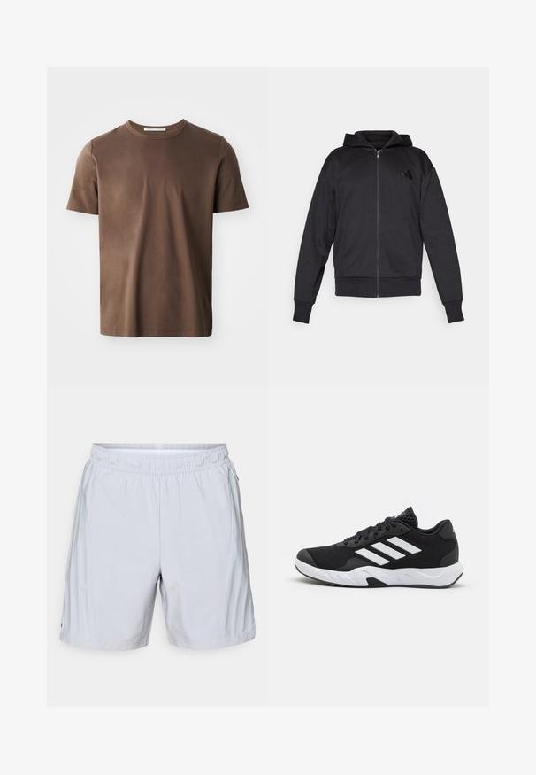 Černá mikina na zip s dlouhými rukávy, předními kapsami, žebrovanými manžetami a lemem, a malým logem na levé hrudi.; Hnědý bavlněný tričko s kulatým výstřihem, krátkými rukávy a hladkou texturou. Na výstřihu se nachází štítek "TIGER OF SWEDEN".; adidas Performance SHORT - Sportovní kraťasy - halo silver; Černé sportovní boty s texturovaným síťovaným svrškem, bílými akcentními pruhy, polstrovanou podrážkou a vyztuženým patem pro podporu.