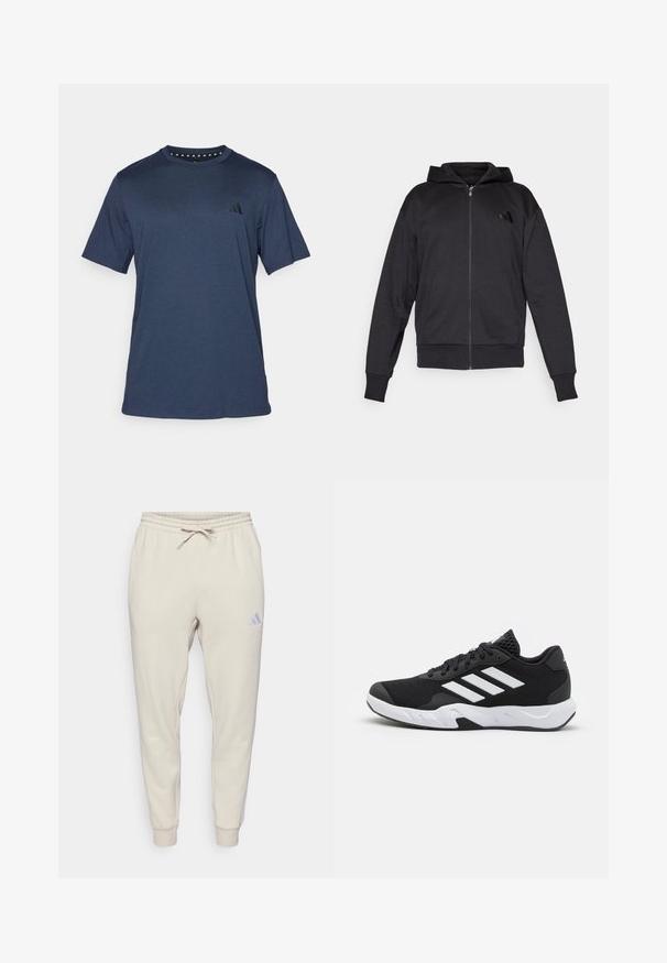 Svart hettegenser med glidelås, lange ermer, lommer foran, ribbestrikkede mansjetter og hem, samt en liten logo på venstre bryst.; adidas Performance TRAIN ESSENTIALS COMFORT - T-skjorte til trening - aurora ink/black; Beige joggebukser med elastisk midje, snøring, smalnende ankler, og lite logo på høyre lår mot en enkel hvit bakgrunn.; Sorte joggesko med teksturert mesh-overdel, hvite aksentstriper, en polstret såle og en forsterket hæl for støtte.