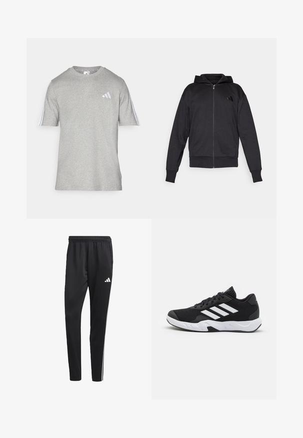 Μαύρη ζακέτα με φερμουάρ, μακριά μανίκια, μπροστινές τσέπες, ριμπ μανσέτες και στρίφωμα, και ένα μικρό λογότυπο στο αριστερό στήθος.; Γκρίζο κοντομάνικο μπλουζάκι φτιαγμένο από μείγμα βαμβακιού με στρογγυλή λαιμόκοψη. Περιέχει τρεις λευκές ρίγες σε κάθε ώμο και ένα μικρό λογότυπο.; Μαύρο αθλητικό παντελόνι με ελαστική μέση, λευκές πλαϊνές ρίγες και ένα μικρό λευκό λογότυπο στο μηρό. Φτιαγμένο από απαλή, ελαφριά ύφανση.; Μαύρα αθλητικά παπούτσια με υφασμάτινη άνω επιφάνεια κώνου, λευκές διακοσμητικές ρίγες, μαξιλαρωτή σόλα και ενισχυμένη φτέρνα για στήριξη.