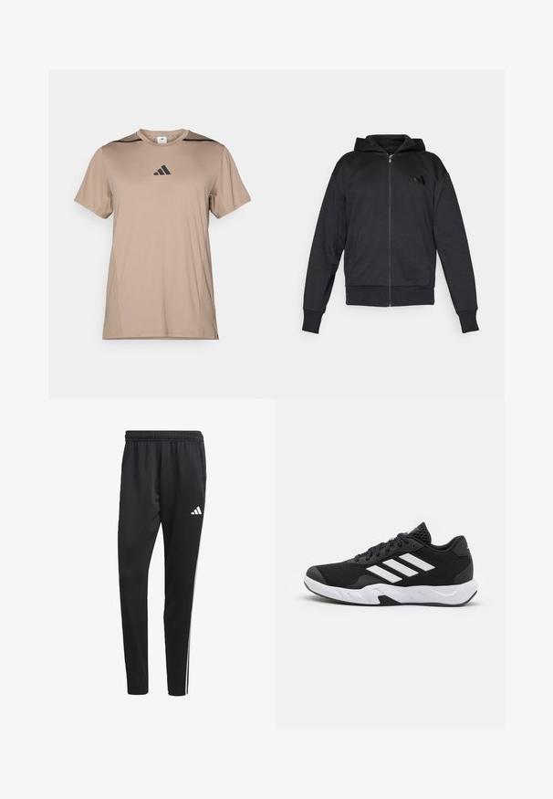 Crna zip-up dukserica s dugim rukavima, prednjim džepovima, rebrastim manžetama i donjim rubom, te malim logotipom na lijevoj strani prsnog koša.; Tanka atletska majica izrađena od glatkog materijala, s crnim akcentima na ramenima i crnim Adidas logom u središtu grudnog koša.; Crne atletske hlače s rastezljivim pojasom, bijelim bočnim trakama i malim bijelim logom na bedru. Izrađene su od glatkog, laganog materijala.; Crne atletske cipele s teksturiranim mrežastim gornjim dijelom, bijelim naglasnim trakama, podstavljenim potplatom i ojačanim petom za podršku.