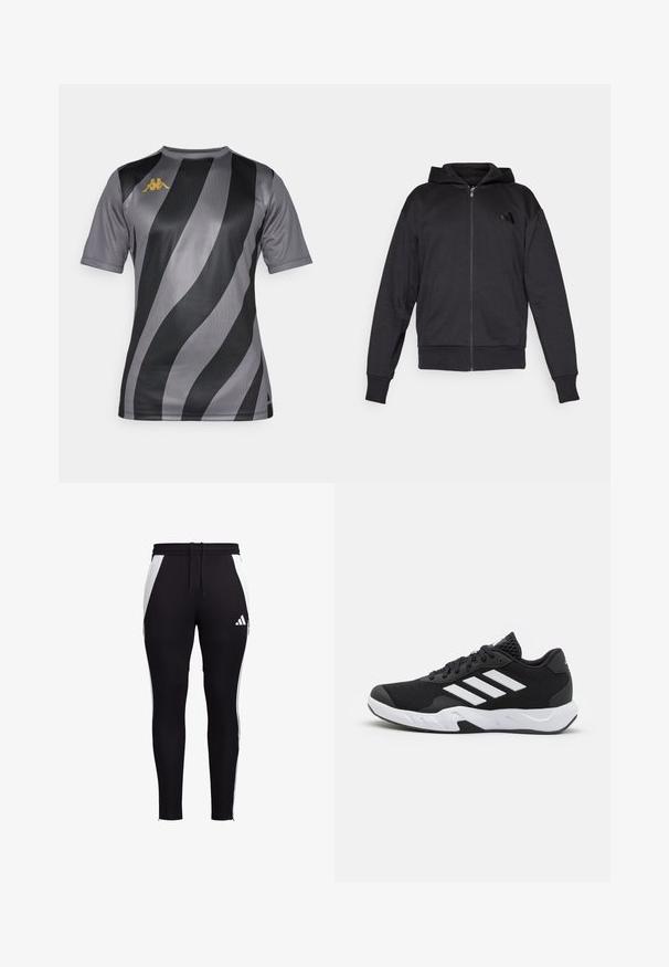 Mustat vetoketjuhupparit, joissa on pitkät hihat, etutaskut, ribbauskankaiset hihansuut ja helma, sekä pieni logo vasemmassa rinnassa.; Lyhythihainen urheilupaita harmaana, jossa on rohkeat mustat ja vaaleammat harmaat raidat. Vasemmassa rinnassa on kultainen logo. Sileä pinta.; Mustat urheiluhousut, joissa on valkoiset sivupaneelit, slim fit -malli, joustava vyötärönauha, jossa on kiristysnauha, ja pieni valkoinen logo vasemmassa alareunassa.; Mustat urheilukengät, joissa on teksturoitu verkkomateriaali yläosassa, valkoiset korostusraidat, pehmustettu pohja ja vahvistettu kanta tuen vuoksi.