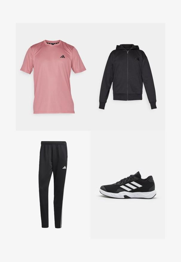 Hanorac negru cu fermoar, cu mâneci lungi, buzunare frontale, mansete și tiv din material elastic, și un mic logo pe pieptul stâng.; adidas Performance Bluză sport - preloved crimson/black; Pantaloni sport negru cu un brâu elastic, dungi albe pe lateral și un mic logo alb pe coapsă. Realizați dintr-un material neted și ușor.; Pantofi sport negri cu un material din plasă texturată, benzi albe de accent, o talpă cushioned și un călcâi întărit pentru suport.