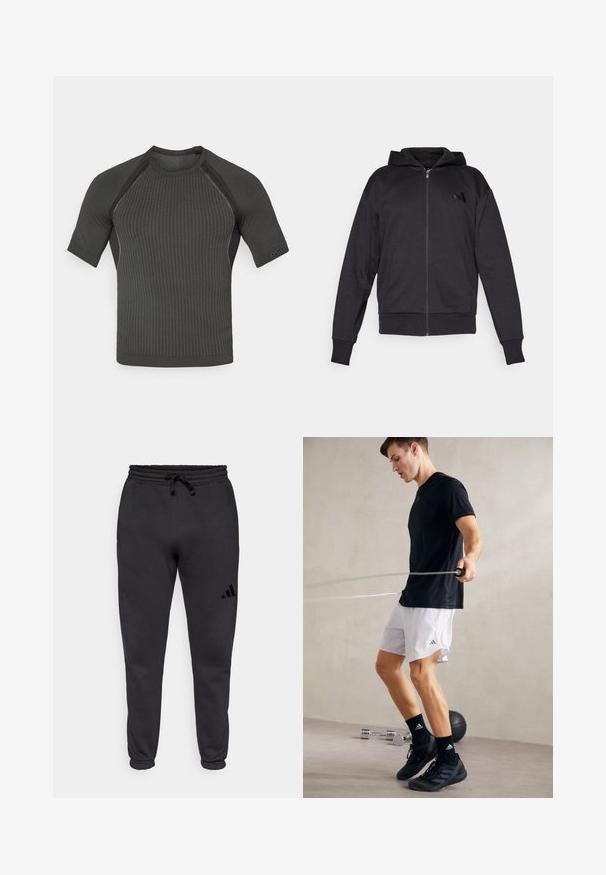 Sort zip-up hættetrøje med lange ærmer, forlommer, ribbede manchetter og kant, samt et lille logo på venstre bryst.; Kortærmet sort træningsshirt med et struktureret ribbet mønster, tætsiddende design og minimalistisk kant langs ærmerne og kraven.; Sorte tapered sweatpants med elastisk talje og snøre, med et lille Adidas-logo på det øverste højre lår.; Sort trænings T-shirt og hvide shorts med sideskår. Personen hopper på sjippetov, iført sorte sneakers og sokker, på et glat gulv.