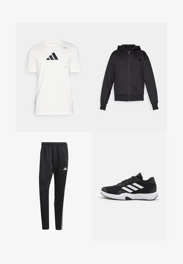 Black zip-up hoodie with long sleeves, front pockets, ribbed cuffs and hem, and a small logo on the left chest.; adidas Performance ALL GYM CATEGORY GRAPHIC - Print T-shirt - chalk white; Black athletic pants with a stretchy waistband, white side stripes, and a small white logo on the thigh. Made from a smooth, lightweight material.; Black athletic shoes with a textured mesh upper, white accent stripes, a cushioned sole, and a reinforced heel for support.