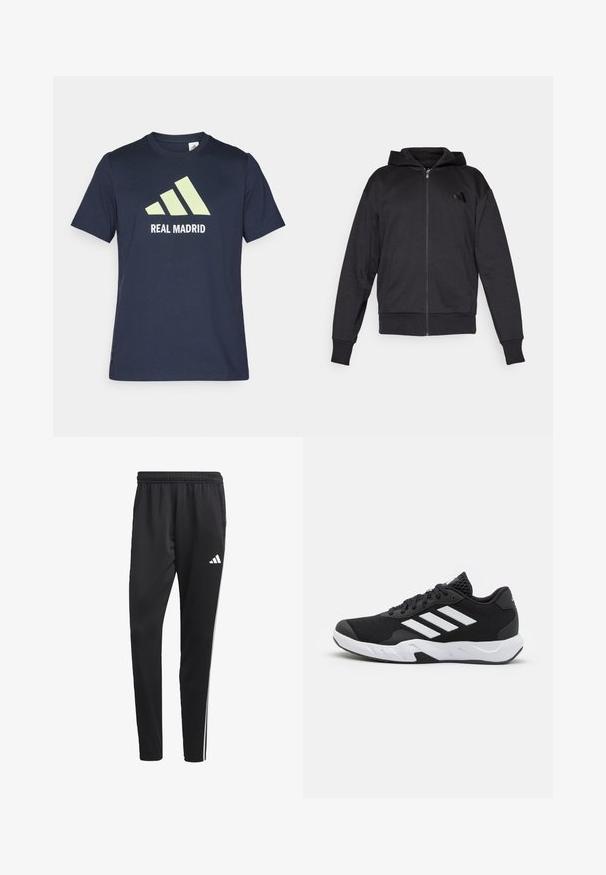 Mustmustaga musta kapuutsiga, pika varrukaga, ees taskutega, soonikuga varruka- ja alumise servaga ning väike logo vasakul rinnal.; Tumesinine puuvilla T-särk, millel on suur helesinine Adidas logo ja valge tekst "REAL MADRID". Lühikeste varrukatega, klassikaline ümmargune kaelus.; Mustad mustri värvi spordipüksid venitatava vööõhuga, valged külgtriibud ja väike valge logo reie peal. Valmistatud siledast, kergest materjalist.; Mustad mustosportlikud jalanõud, millel on tekstuuriga võrkpealne, valged aksenttriibud, pehme tallaga ja tugevdatud konts toe jaoks.