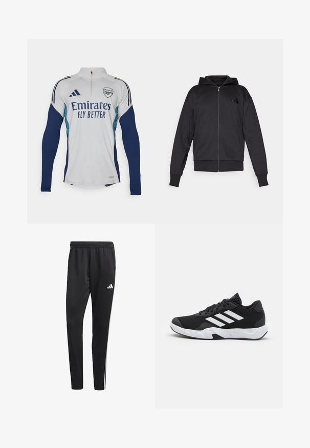 Black zip-up hoodie with long sleeves, front pockets, ribbed cuffs and hem, and a small logo on the left chest.; White long-sleeve jersey with navy blue accents, half-zip neckline, featuring "Emirates Fly Better" logo and Arsenal club crest.; Black athletic pants with a stretchy waistband, white side stripes, and a small white logo on the thigh. Made from a smooth, lightweight material.; Black athletic shoes with a textured mesh upper, white accent stripes, a cushioned sole, and a reinforced heel for support.