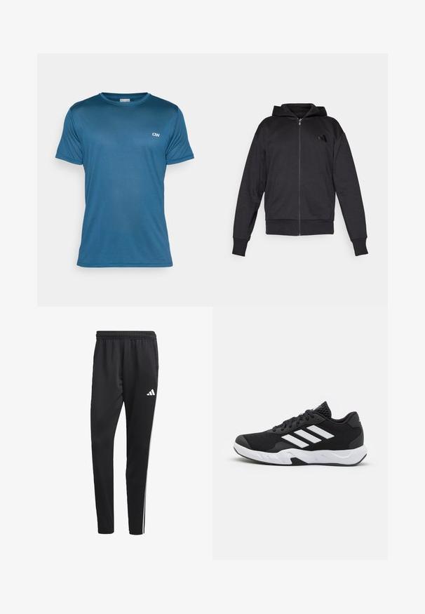 Juoda užtrauktuku užsidėta kapšas su ilgomis rankovėmis, priekinėmis kišenėmis, derančiais rankogaliais ir apvadu, bei maža logotipo etikete kairėje krūtinės pusėje.; Mėlynas, trumpomis rankovėmis sportinis marškinėliai su tekstūruota medžiaga ir apvaliu kaklu; ant viršutinio kairiojo šono yra mažas logotipas.; Juodos sportinės kelnes su tampriu juosmeniu, baltomis šoninėmis juostelėmis ir mažu baltu logotipu ant šlaunies. Pagamintos iš sklandžios, lengvos medžiagos.; Juodi sportiniai batai su tekstūruotu tinkliniu paviršiumi, baltais akcentų dryžiais, paminkštintu padu ir sustiprintu kulnu paramai.