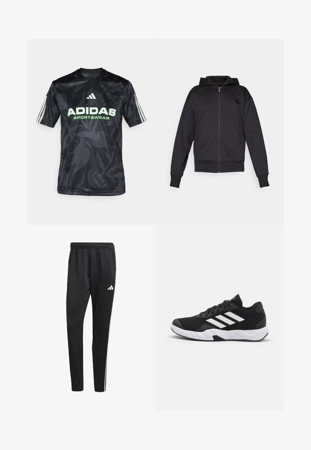 Fleece preto com fecho éclair, mangas longas, bolsos frontais, punhos e bainha canelados, e um pequeno logótipo no lado esquerdo do peito.; adidas Sportswear T-shirt estampada - multicolor/carbon/black; Calças de treino pretas com um cós elástico, riscas laterais brancas e um pequeno logotipo branco na coxa. Feitas de um material leve e suave.; Tenis negros desportivos com um superior em malha texturizada, riscas brancas de destaque, sola acolchoada e um calcanhar reforçado para suporte.