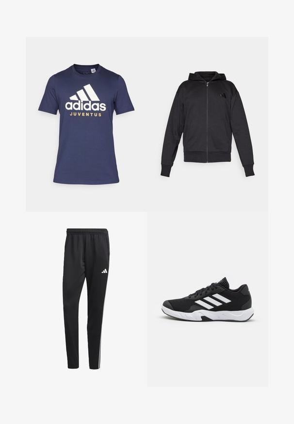Black zip-up hoodie with long sleeves, front pockets, ribbed cuffs and hem, and a small logo on the left chest.; adidas Performance JUVENTUS TURIN SZN GR TEE - Club wear - legend ink; Black athletic pants with a stretchy waistband, white side stripes, and a small white logo on the thigh. Made from a smooth, lightweight material.; Black athletic shoes with a textured mesh upper, white accent stripes, a cushioned sole, and a reinforced heel for support.