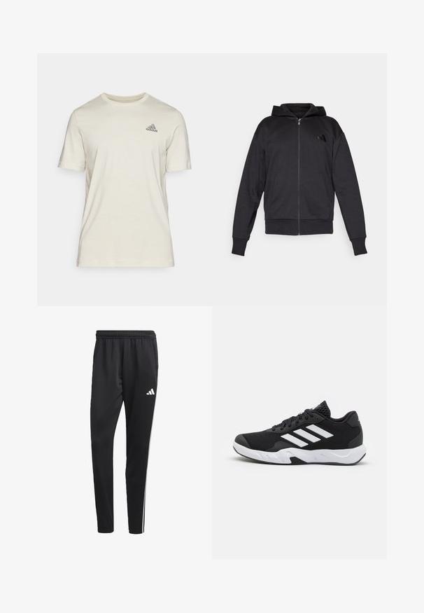 Svart zip-up huvtröja med långa ärmar, framfickor, ribbad mudd och nederkant, samt en liten logotyp på vänster bröst.; adidas Sportswear T-shirt - bas - alumina; Svarta träningsbyxor med elastisk midja, vita sidostreck och en liten vit logotyp på låret. Tillverkade av ett slätt, lätt material.; Svarta sportskor med ett texturerat nätövre, vita accentlinjer, en dämpad sula och en förstärkt häl för stöd.