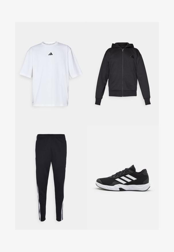 Zwarte zip-up hoodie met lange mouwen, voorzakken, geribde manchetten en zoom, en een klein logo op de linker borst.; Witte katoenen T-shirt met een zwart Adidas-logo op de borst, korte mouwen, een ronde halslijn en zijsplitten aan de zoom.; Zwarte sportbroek met een ontspannen pasvorm, voorzien van witte zijstrepen, een verstelbare taille en twee zijzakken. Gemaakt van zachte stof.; Zwarte sportieve schoenen met een geperforeerde mesh bovenkant, witte accentstrepen, een gevoerde zool en een versterkte hiel voor extra ondersteuning.
