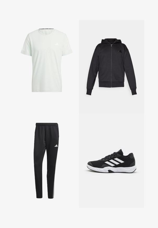 Mustat vetoketjuhupparit, joissa on pitkät hihat, etutaskut, ribbauskankaiset hihansuut ja helma, sekä pieni logo vasemmassa rinnassa.; adidas Performance OTR B - Tekninen t-paita - linen green; Mustat urheiluhousut, joissa on joustava vyötärö, valkoiset sivuraidat ja pieni valkoinen logo reidessä. Valmistettu sileästä, kevyestä materiaalista.; Mustat urheilukengät, joissa on teksturoitu verkkomateriaali yläosassa, valkoiset korostusraidat, pehmustettu pohja ja vahvistettu kanta tuen vuoksi.