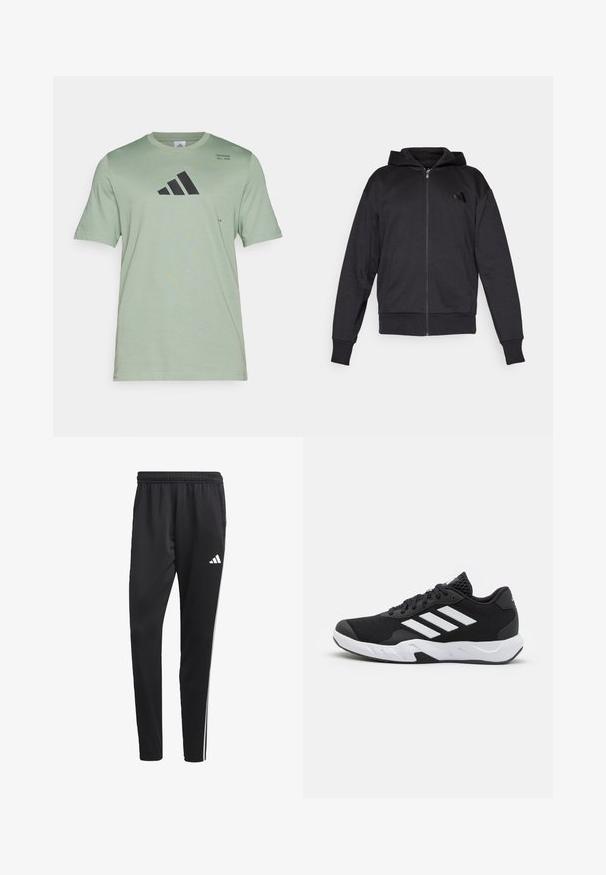 Mustat vetoketjuhupparit, joissa on pitkät hihat, etutaskut, ribbauskankaiset hihansuut ja helma, sekä pieni logo vasemmassa rinnassa.; Vaatekauppa mintunvihreä lyhythihainen T-paita, joka on valmistettu pehmeästä kankaasta. Paidassa on musta Adidas-logo ja painettu teksti vasemmassa yläkulmassa.; Mustat urheiluhousut, joissa on joustava vyötärö, valkoiset sivuraidat ja pieni valkoinen logo reidessä. Valmistettu sileästä, kevyestä materiaalista.; Mustat urheilukengät, joissa on teksturoitu verkkomateriaali yläosassa, valkoiset korostusraidat, pehmustettu pohja ja vahvistettu kanta tuen vuoksi.