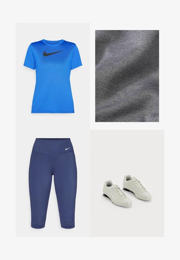 Tejido gris texturizado con un suave patrón de punto, que presenta un sutil efecto de degradado y hilos entrelazados que crean profundidad y dimensión.; Camiseta de manga corta azul, hecha de tela suave. Presenta un logo negro de Nike en el pecho y un escote redondo estándar.; Leggings capri de color azul marino, fabricados con tela elástica, con una cintura ancha y un pequeño logo blanco en el lado izquierdo. Sin costuras visibles.; Zapatillas Nike blancas con una parte superior texturizada, que presentan una puntera lisa y detalles de amortiguación negros. Estilo de cordones con un talón reforzado.