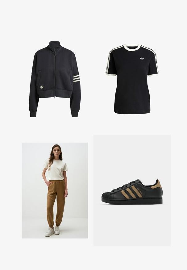 Zwarte cropped sweatshirt met hoge kraag, ritssluiting aan de voorkant, twee zijzakken en drie witte strepen op de linker mouw. Bevat een logo.; Zwarte katoenen t-shirt met witte accenten op de kraag en mouwen, met drie witte strepen op elke schouder en een klein logo op de borst.; Lichtbeige T-shirt met korte mouwen, gecombineerd met bruine, slim fit joggingbroek met een elastische tailleband en cuffed ankles. Witte sneakers maken de look compleet.; Zwarte leren sneaker met drie bruine strepen, gestructureerde rubberen neus, vetersluiting aan de voorkant en platte zwarte zool. Heeft een subtiele logo op de hiel.
