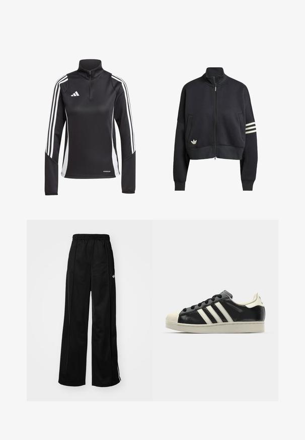 Zwarte cropped sweatshirt met hoge kraag, ritssluiting aan de voorkant, twee zijzakken en drie witte strepen op de linker mouw. Bevat een logo.; Zwarte sportieve lange mouwtop met een ritssluiting bij de kraag, met witte strepen langs de schouders en te tekst "AEROREADY" aan de onderrand.; Zwarte wijde trainingsbroek met een elastische tailleband, voorzien van witte zijkanten en een klein logo op de linker heup. Stevige stoftextuur.; Zwarte leren sneaker met witte strepen, rubberen teenbescherming, zwarte veters en een crèmekleurige loopzool. Glad oppervlak met een glanzende afwerking.