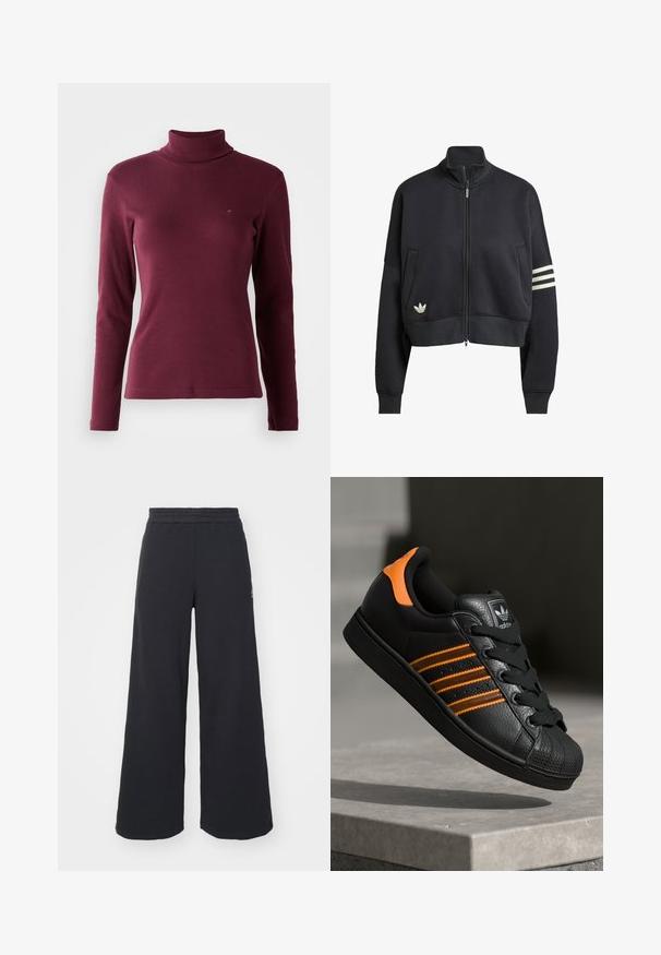Czarna, krótka bluza z wysokim kołnierzem, zamkiem z przodu, dwoma bocznymi kieszeniami i trzema białymi paskami na lewym rękawie. Posiada logo.; Burgundowy sweter z długim rękawem i golfem wykonany z materiału w prążki, charakteryzujący się dopasowanym krojem i małym wyszywanym logo z przodu.; Czarne szerokie spodnie dresowe wykonane z miękkiego materiału, z elastycznym paskiem w talii oraz małym logo po lewej stronie.; Czarne sneakersy z pomarańczowymi akcentami, trzema poziomymi paseczkami, skórzaną cholewką o teksturowanej powierzchni, gumowym noskiem i czarnymi sznurówkami.
