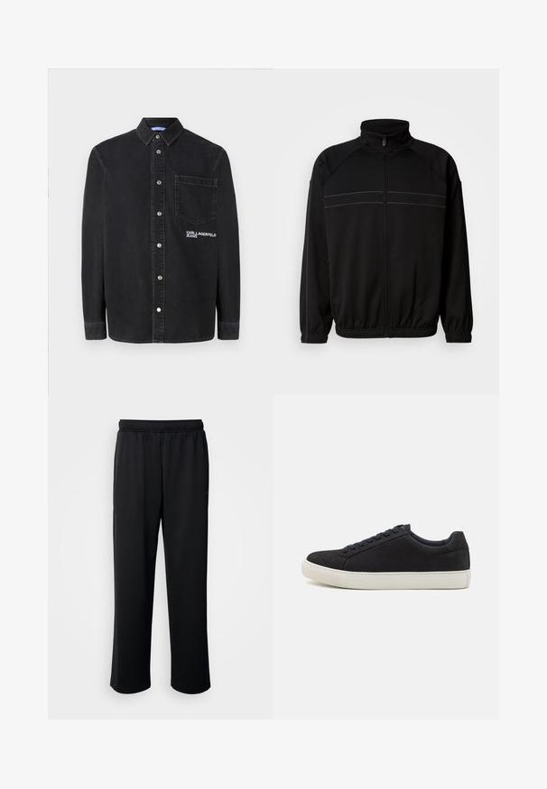 Casaco preto com fecho éclair, feito de tecido macio, apresentando uma gola alta, punhos elásticos e riscas horizontais decorativas ao longo do peito.; Camisa preta de botão feita de denim, com colarinho, mangas longas, um bolso frontal e logótipo bordado no peito.; Calças de atletismo pretas feitas de um tecido suave e respirável. Apresentam uma cintura elástica e pernas straight, sem detalhes ou padrões proeminentes.; Sapatilha preta em camurça com bico arredondado, sola de borracha branca, atacadores azuis em contraste e uma textura suave. Design minimalista sem logotipo visível.