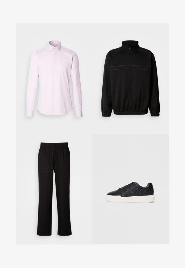 Svart glidelåsjakke laget av myk stoff, med høy krage, elastiske mansjetter og dekorative horisontale striper over brystet.; Lyserød langærmet skjorte med knapper lavet af bomuld, med klassisk krave, knoplukning foran og et lille logo på brystet.; Svart bukser med avslappet passform, laget av lett stoff. Har elastisk midjebånd, knapplukking og to frontlommer.; Svart sneakers med geometrisk tekstur på siden, glatt tåhette og hvit gummisåle. Har runde snører og lavt snitt.