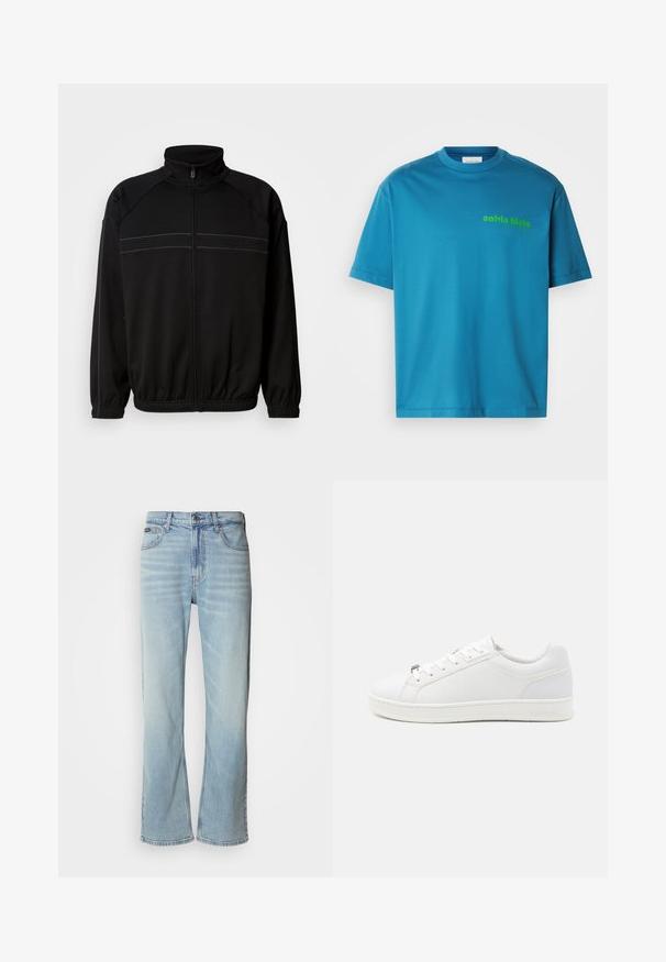 Schwarze Zip-Jacke aus weichem Stoff, mit hohem Kragen, elastischen Bündchen und dekorativen horizontalen Streifen über der Brust.; Türkisfarbener Baumwoll-T-Shirt, Rundhalsausschnitt, kurze Ärmel, mit grünem "calvin klein" Logo, das auf der Vorderseite gedruckt ist. Glatte Textur.; Hellblaue Jeans aus Denim mit geradem Bein, ausgestattet mit fünf Taschen, einem Knopfverschluss und subtilen Verwaschungen im Stoff.; Weiße Sneakers mit einem glatten, lederähnlichen Obermaterial, das ein dezentes geometrisches Muster aufweist, flachen Schnürsenkeln und einer strukturierten Gummisohle.