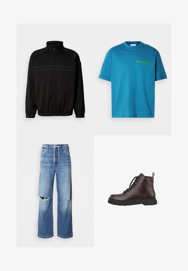 Black zip-up jacket made of soft fabric, featuring a high collar, elastic cuffs, and decorative horizontal stripes across the chest.; Turquoise cotton t-shirt, crew neckline, short sleeves, featuring a green "calvin klein" logo printed on the front. Smooth texture.; Light blue denim jeans with a loose fit, featuring a white drawstring waist, and distinct rips on the front, showing frayed edges.; Brown leather ankle boot with round toe, lace-up design, black rubber sole, and pull tab at heel. Smooth surface and minimal stitching details.