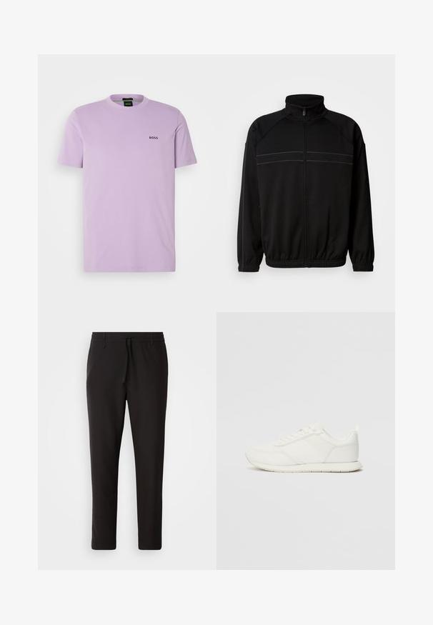 Casaco preto com fecho éclair, feito de tecido macio, apresentando uma gola alta, punhos elásticos e riscas horizontais decorativas ao longo do peito.; Camiseta de manga curta lilás feita de algodão. Com decote arredondado e um pequeno logótipo preto "BOSS" no lado esquerdo do peito. Textura suave.; Calças de jogging pretas feitas de tecido liso. Apresentam uma cintura elástica com cordão, pernas ligeiramente ajustadas e sem bolsos visíveis. Design simples.; Sapatilha branca com parte superior em malha e sintético, bico arredondado, atacadores planos e uma faixa lateral texturizada. Sola em borracha com uma alça na parte de trás.