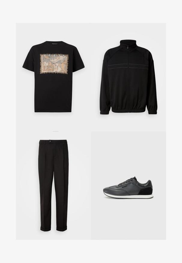 Must mustast jakk, mis on valmistatud pehmest kangast, omab kõrget kaelust, elastseid mansetid ja dekoratiivseid horisontaalseid triibu rinna piirkonnas.; Mustam puuvillane T-särk, millel on tekstuuriga ristkülikukujuline graafika beežis ja sinises, koos paksult valgete tekstidega "GUESS" ja "LOS ANGELES".; Mustad püksid siledast kangast, sirge lõikega, kahe esipocketiga ja ühe nööbiga vöökoha kinnitamiseks.; Mustad mustasaapad, millel on nahast ülemine osa, perforatsioonid, seemisnahast aktsentide ja valge kummitald. Klassikaline lipsuotsimise disain.