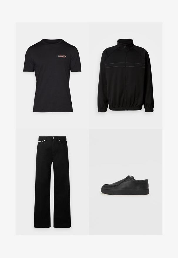 Črn zip-up jopič iz mehke tkanine, z visokim ovratnikom, elastičnimi manšetami in dekorativnimi vodoravnimi črtami čez prsi.; Črna majica iz bombaža, z okroglim izrezom in kratkimi rokavi. Na levi strani prsnega dela se nahaja majhen rdeč logotip "GUESS JEANS".; Črne jeans hlače širokega kroja, z petimi žepi in kovinskimi gumbi. Gladka tekstura, brez vidnih vzorcev.; Črne usnjene natikače s zaobljenim prstom, šivanim detajlima in črnim gumijastim podplatom. Gladka tekstura z minimalističnim dizajnom.