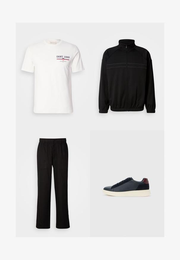 Svart glidelåsjakke laget av myk stoff, med høy krage, elastiske mansjetter og dekorative horisontale striper over brystet.; Hvit bomull t-skjorte med korte ermer, med «GANT 1949» logo i marineblått og rødt, samt horisontale røde og blå striper.; Svart bukser med avslappet passform, laget av lett stoff. Har elastisk midjebånd, knapplukking og to frontlommer.; Lave herresko i sort læder og ruskind med maroon hælflap og hvid gummisål, set fra ydersiden.