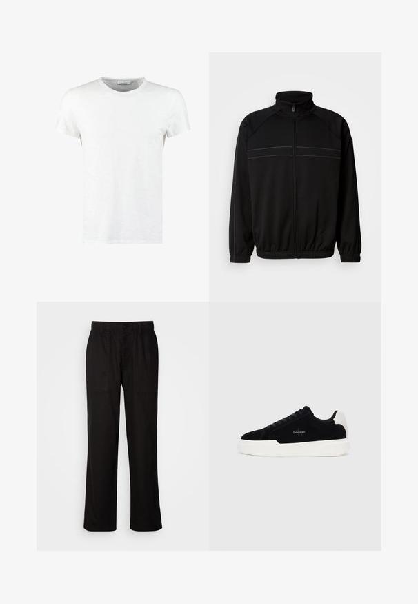 Chaqueta negra de cremallera fabricada con un tejido suave, que cuenta con un cuello alto, puños elásticos y rayas decorativas horizontales en el pecho.; Camiseta de algodón blanca con cuello redondo y mangas cortas, que presenta una textura fina y un diseño minimalista. Sin patrones ni acentos.; Pantalones negros con un ajuste relajado, hechos de una tela ligera. Presentan una cintura elástica, cierre de botón y dos bolsillos frontales.; Zapatilla negra de corte bajo con suela blanca y tab de talón, parte delantera con cordones y logo de Calvin Klein en el lateral.