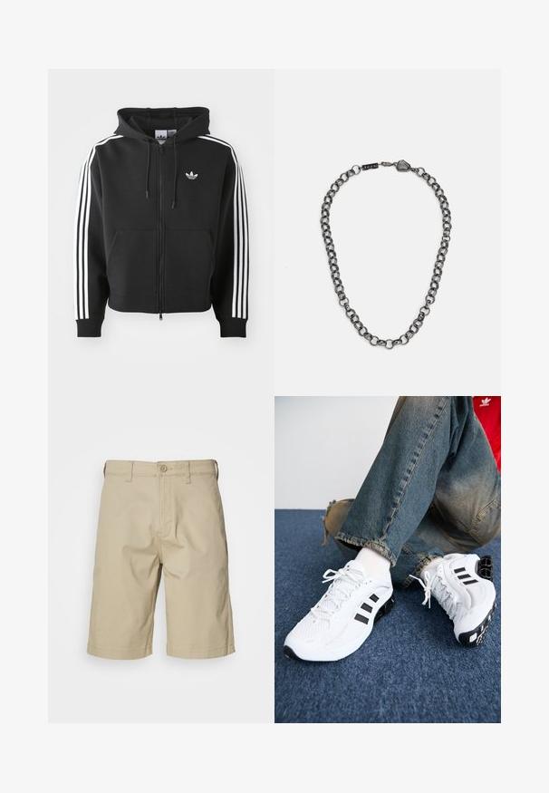 Haut à zip noir en mélange de coton, avec une poche frontale, une capuche à cordon de serrage et des accents blancs à trois rayures sur les manches.; Trois débardeurs blancs côtelés en coton. Présentent un col rond et de petites étiquettes noires près de l'ourlet. Disponibles en plusieurs tailles.; Shorts en coton beige avec une coupe droite, fermeture à bouton, passants de ceinture et deux poches latérales. Texture lisse et design à longueur de genou.; Baskets de sport blanches en maille avec des accents noirs, présentant un design texturé et une semelle distinctive, assorties à un jean en denim bleu.; Collier en métal avec des maillons allongés dans une couleur gunmetal foncé. Comprend un accent géométrique et un fermoir avec des détails de marque.