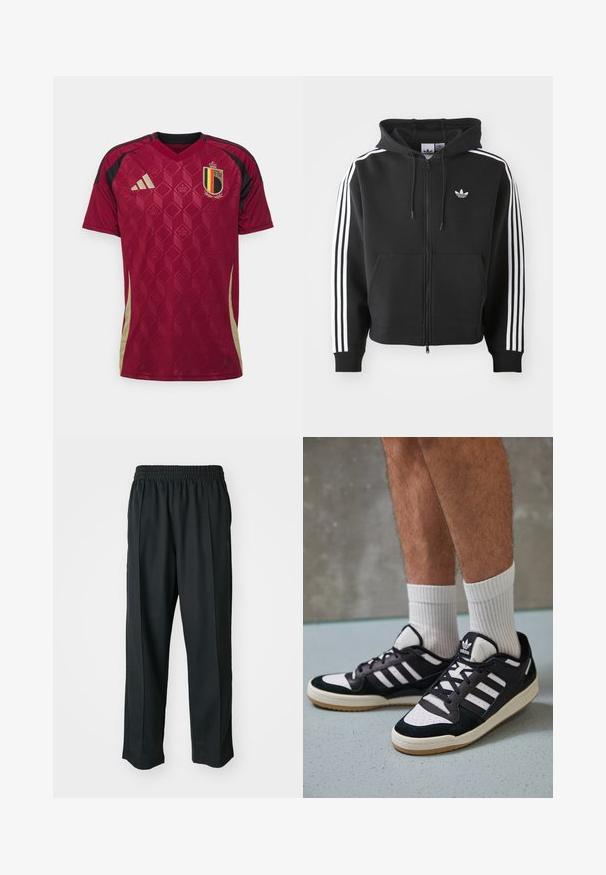 Crna majica s kapuljačom na zatvaranje rajsferšlusa, izrađena od mješavine pamuka, s prednjim džepom, kapuljačom s vezicom i bijelim trakama od tri pruge na rukavima.; adidas Performance BELGIUM 24 HOME - Nogometni dres - burgundy; Crne atletske hlače s elastičnim pojasom, izrađene od glatkog materijala, s diskretnim bočnim šavovima i opuštenim krojem, ravne nogavice.; Crne i bijele tenisice s gornjim dijelom od antilopa i kože, s tri bijele pruge, perforiranim prstom i gumiranim potplatom.