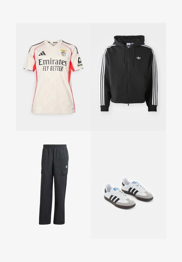 Črna zip-up kapuca iz bombažne mešanice, z sprednjim žepom, kapuco na vrvico in belimi tridelnimi poudarki na rokavih.; Svetlo bež nogometna majica z rdečimi dodatki, z v-izrezom, diagonalnimi črnimi črtami na ramenih in črnim napisom. Logo na zgornji levi strani.; Črne cargo hlače z elastičnim pasom, dvema stranskima žepoma in subtilnim logotipom na levem stegnu. Narejene iz lahkega materiala.; Športni čevlji z belim usnjenim zgornjim delom, sivim semišem na prstih in tremi črnimi črtami. Imajo modro logo na jeziku in teksturiran gumijast podplat.