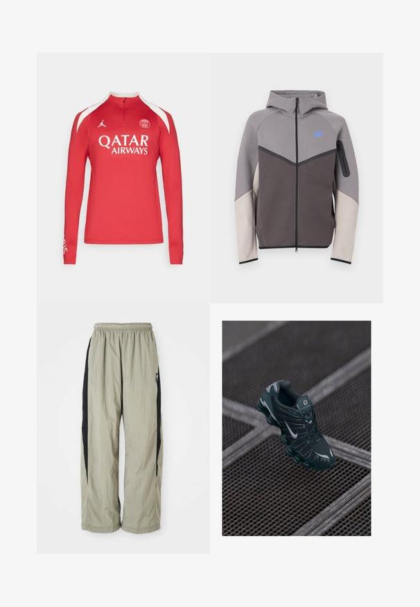 Hanorac cu glugă gri și bej, cu fermoar. Include un logo albastru, cusături contrastante și un buzunar cu fermoar pe mânecă. Textură netedă.; Cămașă sportivă roșie cu manșon lung și guler înalt, cu accente albe, un închizător cu fermoar și detalii cu logo-ul Paris Saint-Germain și Qatar Airways.; Pantaloni ușori, lejeri, de culoare gri deschis cu panouri laterale negre. Dispun de o talie elastică și un material neted, texturat.; Adidași Nike Shox de culoare verde închis, cu partea superioară din plasă, accente din cauciuc și o talpă distinctivă cu amortizare. Logo-ul argintiu Nike pe lateral. Detalii texturate vizibile.