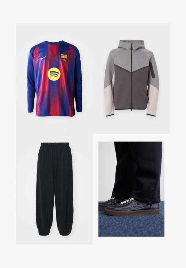 Szaro-beżowa bluza z kapturem zapinana na zamek. Posiada niebieskie logo, kontrastowe szwy oraz kieszeń na rękawie zapinaną na zamek. Gładka tekstura.; Koszulka piłkarska z długimi rękawami, z niebiesko-czerwonymi pionowymi paskami, logo Nike, herb Barcelony oraz okrągłym logo Spotify na środku.; Czarne dresy z elastycznym pasem, luźny krój, ściśnięte nogawki, gładka tekstura, bez widocznych wzorów lub ozdób.; Nike Sportswear KILLSHOT czarny