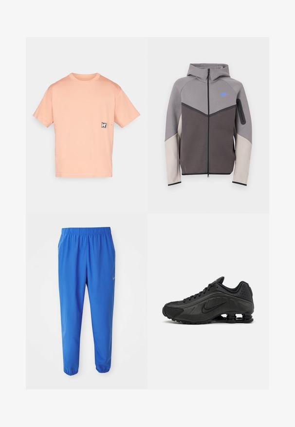 Casaco com capuz cinza e bege com fecho éclair. Apresenta um logótipo azul, costuras contrastantes e um bolso com fecho na manga. Textura suave.; T-shirt de manga curta e decote redondo em tecido macio na cor pêssego, com uma textura subtil e um pequeno emblema em preto e branco no peito.; Calças de treino azuis com cintura elástica, design de perna reta e punhos ajustados. Apresenta o logótipo da Nike em dourado no lado esquerdo.; Ténis de corrida pretos com um upper sintético suave, acentos perfurados, painéis laterais texturizados e uma sola distinta e elástica.