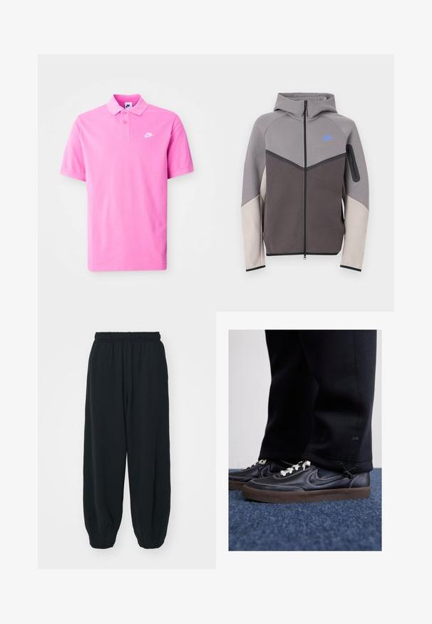 Casaco com capuz cinza e bege com fecho éclair. Apresenta um logótipo azul, costuras contrastantes e um bolso com fecho na manga. Textura suave.; Camisa polo rosa da Nike, mangas curtas, gola clássica, com abertura de botão duplo, com um logotipo branco no lado esquerdo do peito. Textura de tecido suave.; Calças de fato de treino pretas, com cintura elástica e um corte solto, com punhos nas pernas, textura suave e sem padrões visíveis ou detalhes de metal.; Nike Sportswear KILLSHOT 2 LTR PRM OPP2 - Sapatilhas - black sail baroque brown mtlc dk grey