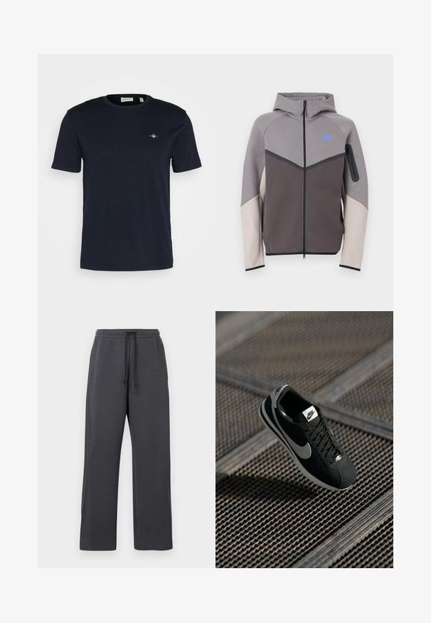 Siva i bež dukserica s kapuljačom na patentni zatvarač. Ima plavi logo, kontrastne šavove i džep sa patentnim zatvaračem na rukavu. Glatka tekstura.; Tamnoplava pamučna majica s okruglim izrezom, kratkim rukavima i malim logom izvezenim na lijevoj strani prsnog koša. Mekana tekstura, standardni kroj.; Sive trenirka s vezicom u struku, izrađena od mekane tkanine. Široki kroj nogavica s bočnim šavovima, minimalni ukrasi i bez vidljivih uzoraka.; Crna Nike tenisica s sivim akcentima, materijali od suède i mrežice, teksturirana potplata, uski oblik i klasični vezivanje.