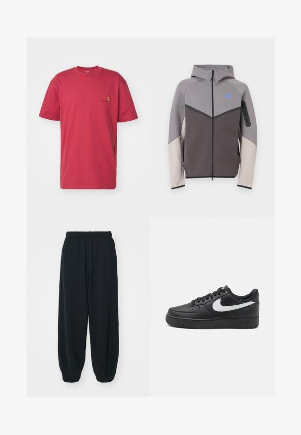 Felpa con cappuccio grigia e beige con cerniera. Presenta un logo blu, cuciture a contrasto e una tasca con cerniera sulla manica. Texture liscia.; Carhartt WIP AMERICAN SCRIPT - T-shirt basic - tuscany; Pantaloni da jogging neri con vita elasticizzata, dalla vestibilità morbida, caviglie a costina, texture liscia e senza motivi visibili o dettagli in metallo.; Sneaker Nike Air Force 1 nere con tomaia in pelle liscia, accentuato da un logo bianco, punta perforata e suola in gomma testurizzata.