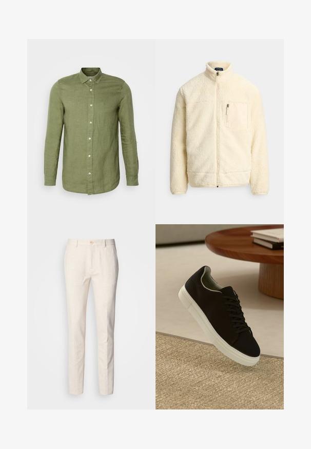 Roomkleurig fleecejack met volledige ritssluiting, opstaande kraag, borstzak met rits en zachte, gestructureerde stof.; Olijfgroene linnen overhemden met lange mouwen en een button-down kraag, voorzien van witte knopen en een relaxte pasvorm. Gelaagde stof, op maat gemaakte manchetten.; Lichtbeige, op maat gemaakte broek van zachte stof. Heeft een knoopsluiting, riemlussen en een slim rechtmodel met minimale textuur.; Zwarte sneaker met witte zool die boven een beige gestructureerd tapijt zweeft, nabij een ronde houten tafel met gestapelde boeken.