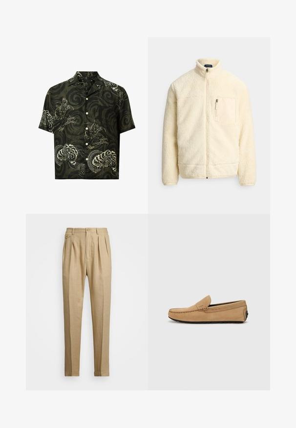 Kreemikas täislukuga fliisjakk, millel on kõrge krae, lukuga rinnatasku ja pehme struktuuriga kangas.; Tumes roheline puuvillane lühikeste varrukatega särk, millel on valged draakonide ja lillede mustrid. Särgil on soonikkrae ja nööpidega esikinnitus.; Bežid linasest püksid sirge lõikega, kahel esisel peenral, nööbiga kinnitamisel ja küljetaskutega. Tekstuuritud kangas sileda viimistlusega.; Beige suédist mokasiinijalanõud, millel on tikitud varvas, libisemisega disain ja must kummitald. Küljel on discrète bränding.