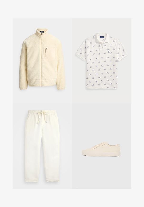 Kermaanvärinen täyssvetoketjullinen fleecetakki, jossa pystykaulus, vetoketjullinen rintatasku ja pehmeä teksturoidu kangas.; Valkoinen polo-paita, joka on valmistettu puuvillasta ja jossa on toistuva sininen koirakuosi sekä pieni sininen logo rinnassa. Lyhyet hihat ja kaulus.; Vaalean kermanväriset, rentoihin housut pehmeästä kankaasta. Ominaisuuksia ovat joustava vyötärönyöri, ja kavennetut lahkeet.; Beige kankaan tennarit pyörävarvalla, littealla kumipohjalla ja nauhakiinnityksellä. Minimalistinen muotoilu ja kontrastivärinen musta yksityiskohta kantapäässä.