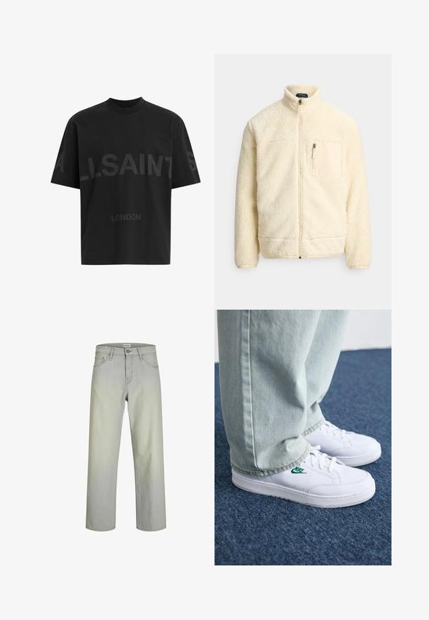 Kremo spalvos pilnai užsegamas fliso švarkas su stovu antkakliu, užtraukiamu krūtinės kišene ir minkšta tekstūruota medžiaga.; Juodas per didelis marškinėliai su tamsiai pilku „ALLSAINTS“ tekstu krūtinėje ir „LONDON“ mažesnėmis raidėmis žemiau.; Šviesiai pilki tiesaus silueto džinsai su klasikinėmis penkiomis kišenėmis, sagčių uždarymu ir diržo kilpomis. Pagaminti iš džinsinio audinio su glotnia tekstūra.; Balti odiniai sportbačiai su žaliu Nike logotipu, apvalia nosimi, plokščiu padu, derinami su šviesiai mėlynomis džinsinėmis kelnėmis, rodomi ant mėlynos kiliminės dangos.