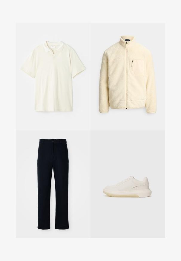 Casaco de fleece creme com fecho total, gola alta, bolso no peito com fecho e tecido macio e texturizado.; Camisa polo de cor creme com colarinho clássico, mangas curtas e uma leve abertura em V na linha do pescoço. Textura suave e design minimalista.; Calças azul marinho em algodão, com um design de perna reta, fecho frontal com botão e cinta clássica com passantes para cinto.; Tênis brancos com parte superior de couro liso, bico redondo e sola de borracha grossa. Apresenta costuras mínimas e um detalhe de logotipo discreto na lateral.