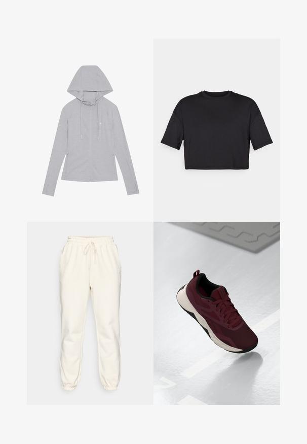 Vaaleanharmaa vetoketjuhuppari, jossa on nauhallinen huppu, pitkät hihat, sivutaskut, sileä pinta ja pieni emblem rintamuksessa.; Musta lyhythihainen crop-top, joka on valmistettu pehmeästä kankaasta. Siinä on pyöreä pääntie ja lyhyet, leveät hihat, sekä yksinkertainen, saumaton muotoilu.; Harmaita liikuntapukuja pehmeästä kankaasta, jossa on joustava vyötäröstringi, sivutaskut ja kapenevat hihansuut nilkoissa.; Maroon urheilukengät, joissa on verkkovuori, mustat yksityiskohdat ja pehmustettu valkoinen pohja. Varustettu nauhoilla suljettavalla systeemillä ja kantapään vetotukiremmillä.