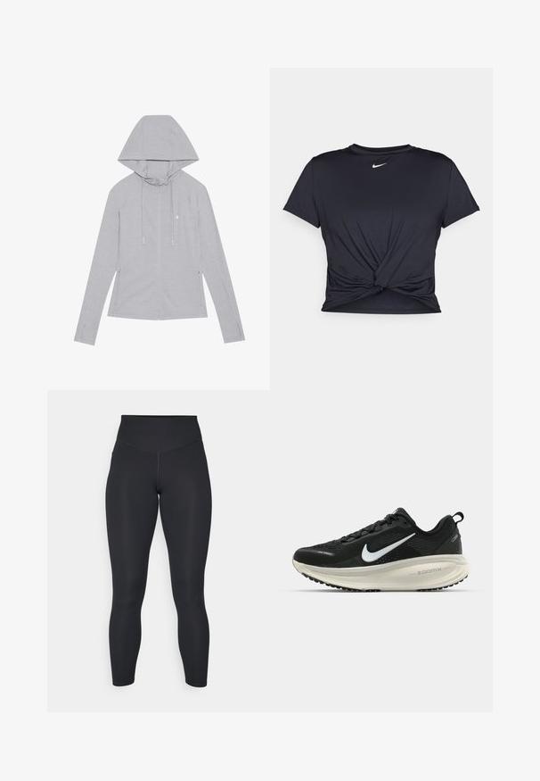 Corta-vento cinza claro com fecho éclair, capuz com cordão, mangas longas, bolsos laterais, textura suave e pequeno emblema no peito.; T-shirt atlético preto feito de tecido liso, apresentando um design frontal com nó e um pequeno logótipo branco da Nike no peito.; Leggings pretos com cintura alta, textura suave e design justo. Apresentam costuras planas e cobertura total sem padrões.; Sapatilha de corrida Nike preta com parte superior de malha respirável, logotipo Swoosh branco, detalhes texturizados e uma entressola ZoomX na cor creme.