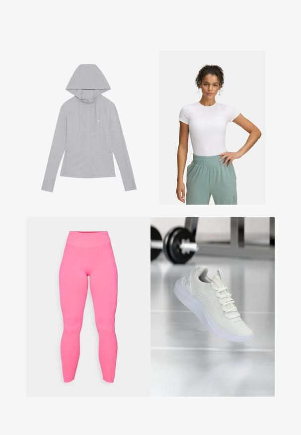 Svetlo šedá mikina na zips s kapucňou na sťahovanie, dlhými rukávmi, bočnými vreckami, hladkou textúrou a malým emblémom na hrudi.; Biely priliehavý tričko s krátkymi rukávmi, kombinované s nohavicami so svetlozeleným elastickým pásom. Hladká textúra, minimalistický dizajn a žiadne viditeľné vzory.; Ružové legíny s vysokým pásom vyrobené z elastického materiálu. Hladká textúra, priliehavý dizajn, dĺžka po členky a žiadne viditeľné vzory ani kovanie.; Biele atletické tenisky s textúrovaným sieťovým zvrškom a systémom šnurovania, so zvýšenou bielou podrážkou a jemnými ryhovanými akcentmi.