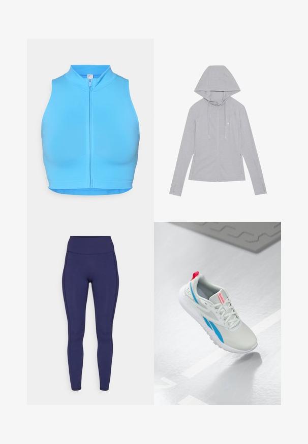 Gaišpelēka kapučjaka ar rāvējslēdzēju, ar vilkšanas auklu uz kapuces, garām piedirām, sānu kabatām, gludu tekstūru un mazu emblemu uz krūšu daļas.; Gaiši zils īss sporta tops ar augstu apkakli un priekšējo rāvējslēdzēju. Izgatavots no elastīga auduma, ar gludu faktūru un bez rakstiem.; Jūras spēku augsto jostu legingi, kas izgatavoti no elastīga auduma. Iezīmē plakanas šuvi un ciešu piegriezumu, ar divām sānu kabatām uzglabāšanai.; Baltas un zils Reebok sporta apavu modelis ar sarkanu cilpu peld virs spīdīgas grīdas, blakus atrodas pelēks gumijas paklājs.