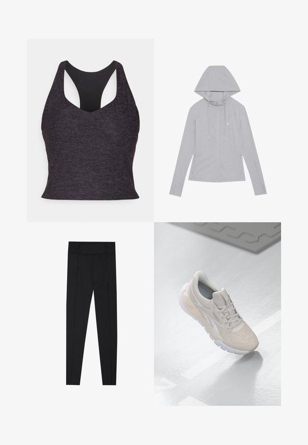 Hele halli lukuga kapuutsiga jakk, pikad varrukad, küljetaskud, sile tekstuur ja väike embleem rinnal.; Tumehall sportlik rinnahoidja, millel on sile tekstuur, laia rihmaga ja sügava V-kujulise kaelusega, et pakkuda paremat tuge.; Mustad mustad, millel on sile pind, kõrge vöökoht ja õmblused külgedel. Slim-fit disain, sobilik erinevateks tegevusteks.; Heledad beež spordijalanõud perforatsiooni, tekstuursete aktsentide, pehmendatud krae ja valge kummitaldiga, disainitud mugavuse ja hingavuse tagamiseks.